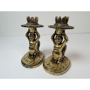 Candle Stick Holders Cherub Mermaid? Vintage Gold Brass Tone Hollywood Regency